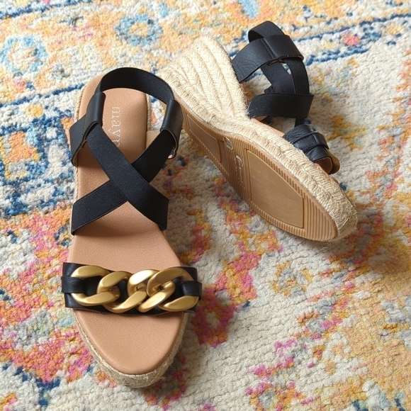 Maypol Leather Chunky Chain Strappy Open Toe Espadrille Wedge Sandals Black 40 - Picture 2 of 15